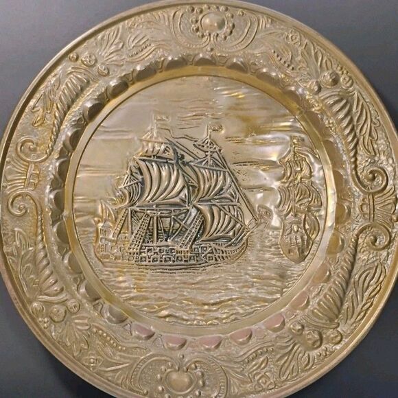 Vtg Embossed 3D Copper Wall Plate Decor Of A Ship Sailing Along The Sea - Picture 1 of 11